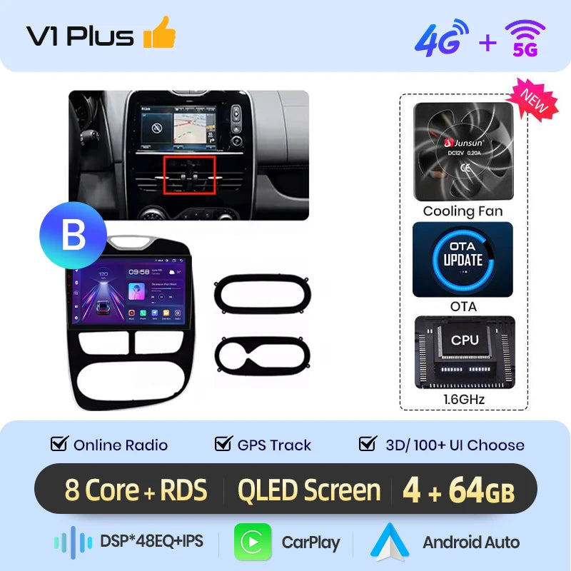 Junsun Wireless CarPlay Android Auto Car Radio for Renault Clio 4 2012- 2017 2 DIN Multimedia Stereo with Built-in Cooling Fan GPS Navigation SWC Bluetooth FM RDS DSP IPS Screen Car Intelligent Systems 4G WiFi 8 Core