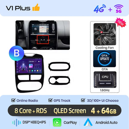 Junsun Wireless CarPlay Android Auto Car Radio for Renault Clio 4 2012- 2017 2 DIN Multimedia Stereo with Built-in Cooling Fan GPS Navigation SWC Bluetooth FM RDS DSP IPS Screen Car Intelligent Systems 4G WiFi 8 Core