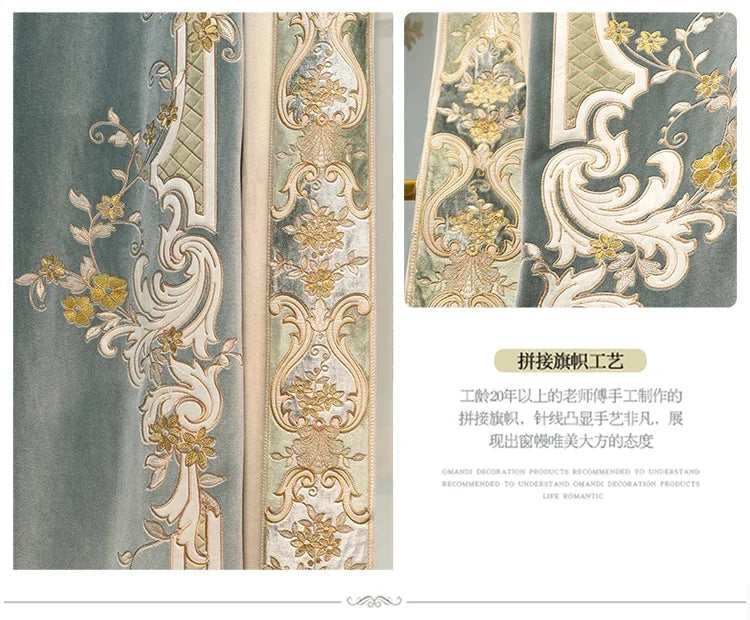 European Embroidered Thickened Blackout Blue Velvet Curtains for Living Room Bedroom Blackout  Lace Luxury Valance Tulle Custom