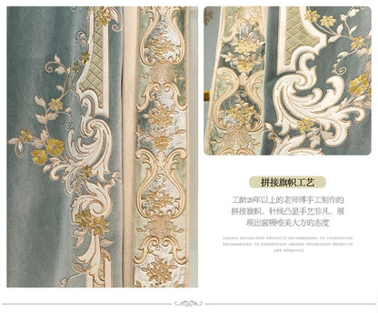European Embroidered Thickened Blackout Blue Velvet Curtains for Living Room Bedroom Blackout  Lace Luxury Valance Tulle Custom