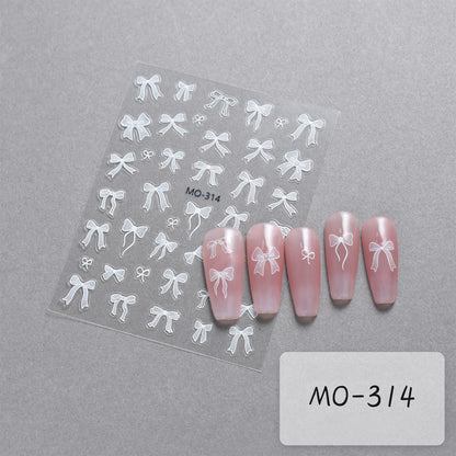 Bowknot Nail Stickers 3D Relief White Ribbon Cute Sweet Pink Self-Adhesive Nail Art Decoration Decals For Nail Tips Manicures