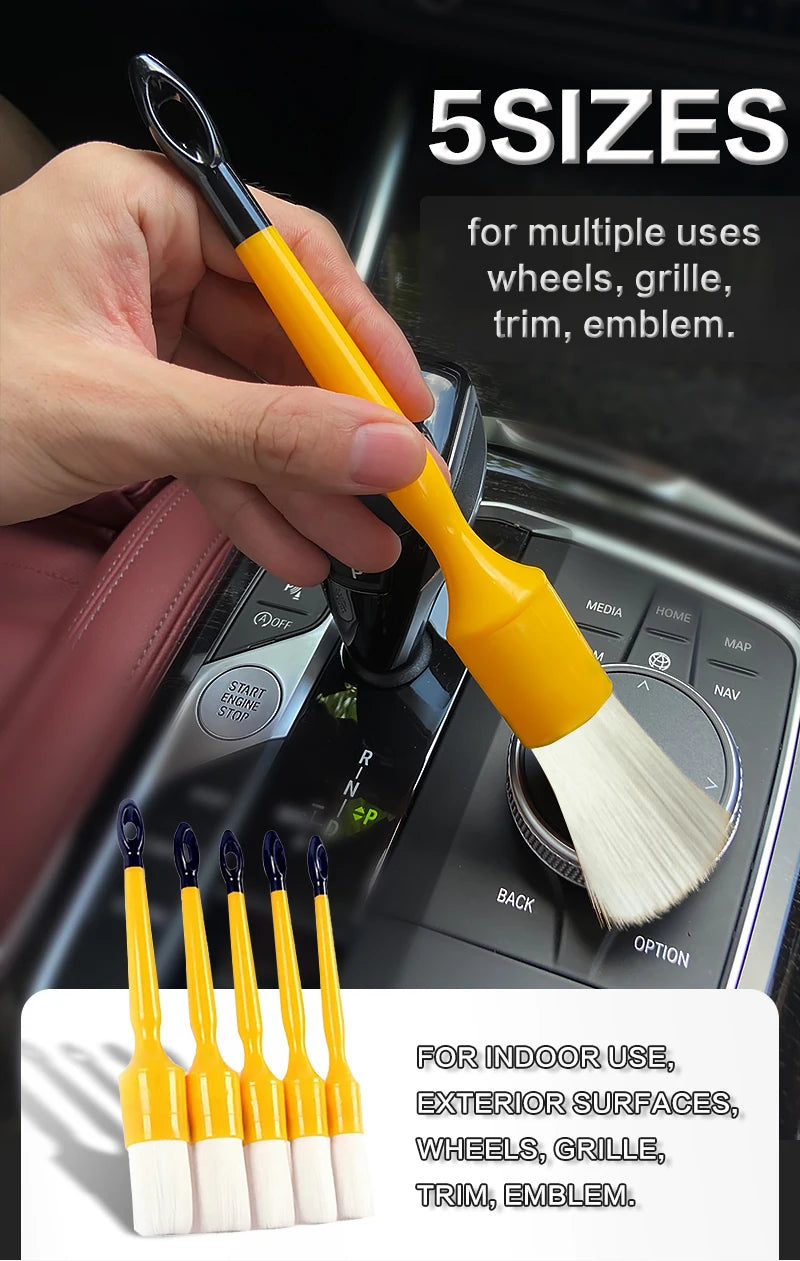 Lucullan Durable But Not Hard 5 PCS Set PBT White Plastic Hair Interior and Wheels Cleaning Tools Car Detailing Brush