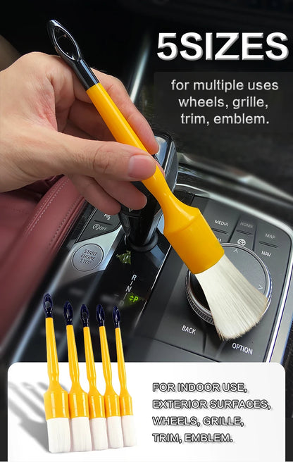 Lucullan Durable But Not Hard 5 PCS Set PBT White Plastic Hair Interior and Wheels Cleaning Tools Car Detailing Brush