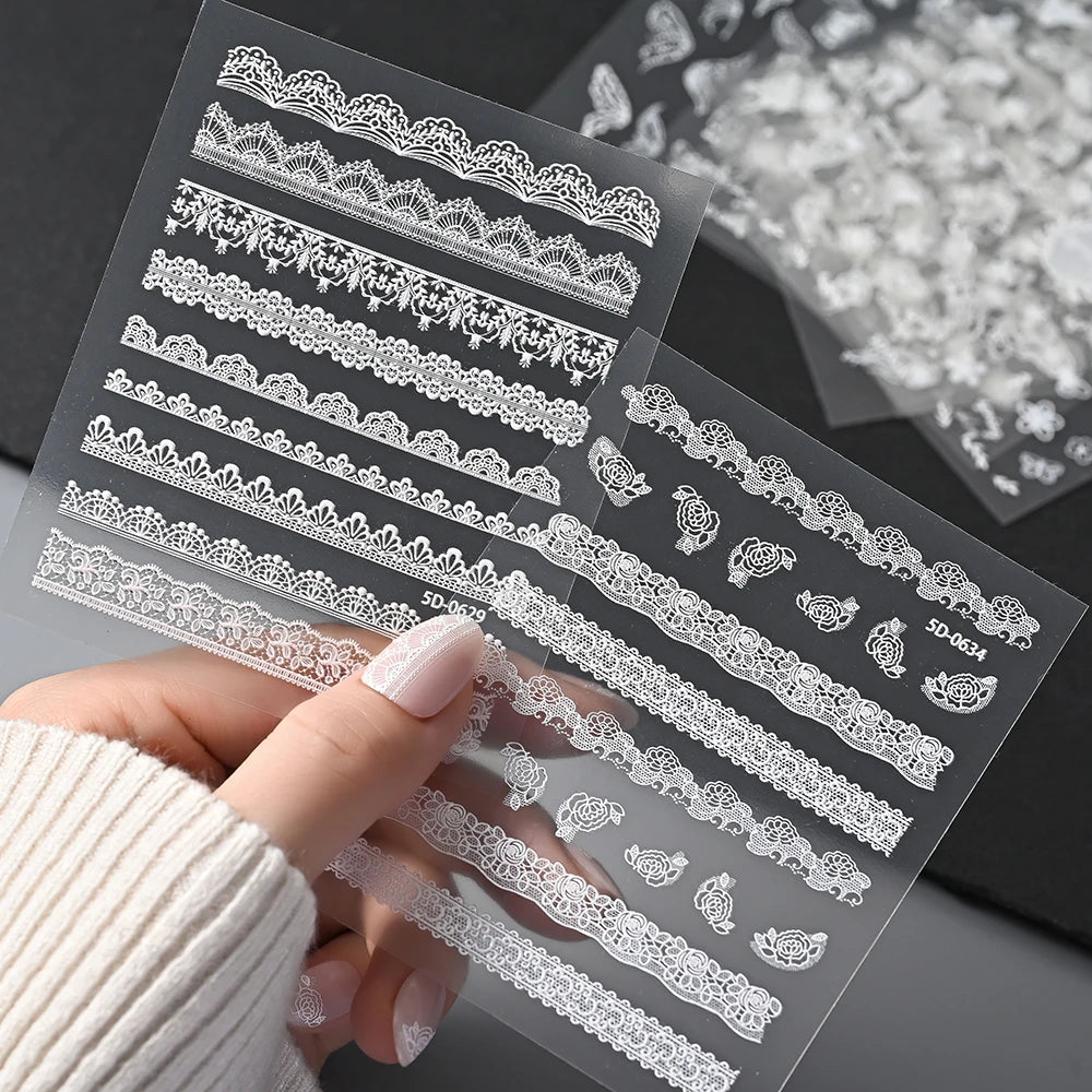 2pcs Y2K White Lace 5D Nail Art Stickers White Embossed Flowers Petals Elegant French Decals Wedding Nails Manicure Decorations*