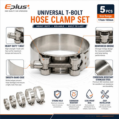 5PCS Stainless Steel European Heavy Duty Hose Clamp Universal T-Bolt Clamp 17-103mm Adjustable for Car Moto & Industrial Pipes
