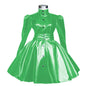 Plus Size Sweet Girl Mini Dress PVC Leather High Neck Button Pleated  A-line Dress Preppy Style Back Zipper Long Sleeve Dress