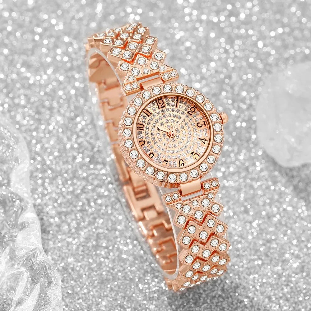 5PCS Luxury Rhinestone Women's Quartz Watch Rhinestone  Jewelry Set Elegant Ladies Bracelet Strap Wristwatches（Without Box）