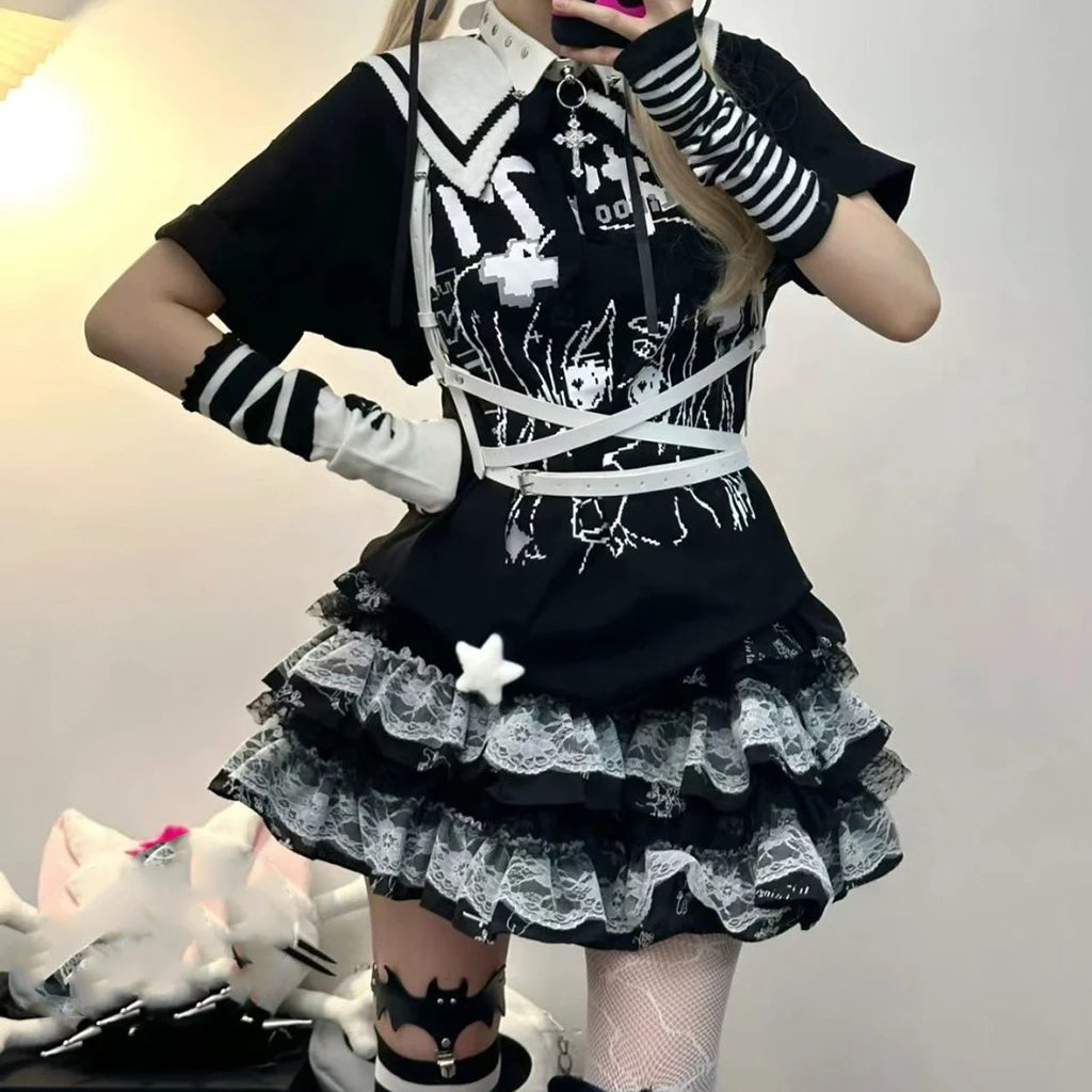 Y2K Punk Gothic Lace Tiered Skirt Women High Waist Ruffle Mini Skirt Harajuku Streetwear Alternative Fashion Short Skirt