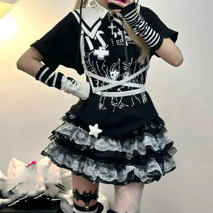 Y2K Punk Gothic Lace Tiered Skirt Women High Waist Ruffle Mini Skirt Harajuku Streetwear Alternative Fashion Short Skirt
