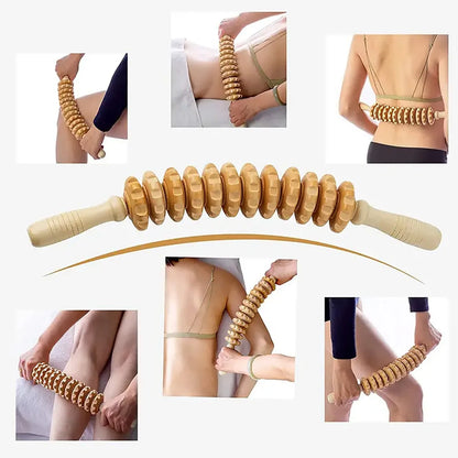 Full Body Massager Fascia Massage Tool Anti-slip Ratcheted Wooden Handle for Arms Legs Hips Soft Rolling Massage