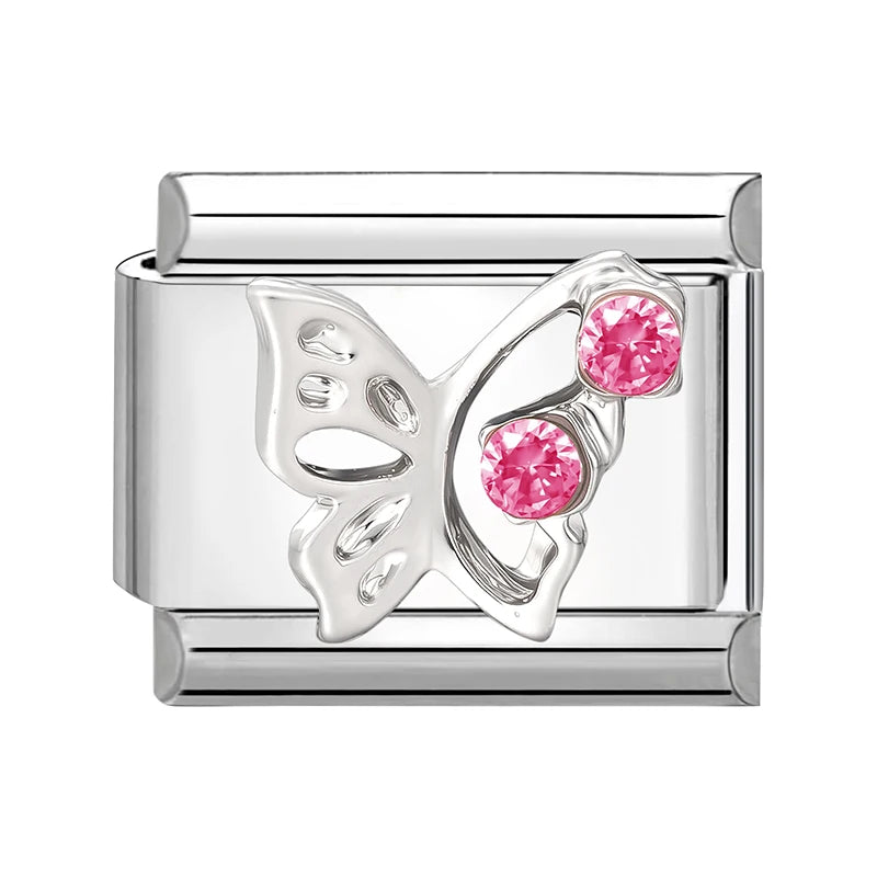 New Shiny Zircon Heart Butterfly Flower Star Bow Italian Charm Links Fit 9MM Stainless Steel Bracelet Girls' DIY Making Gift