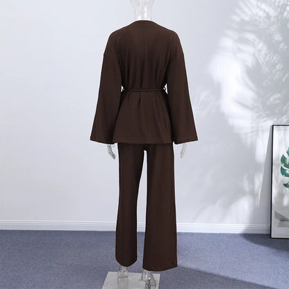 Tie Front Textured Women Set V-Neck Loose Set Wide Sleeve Drawstring Pants Casual Lounge Solid Color 2 Piece Outfits For Daily