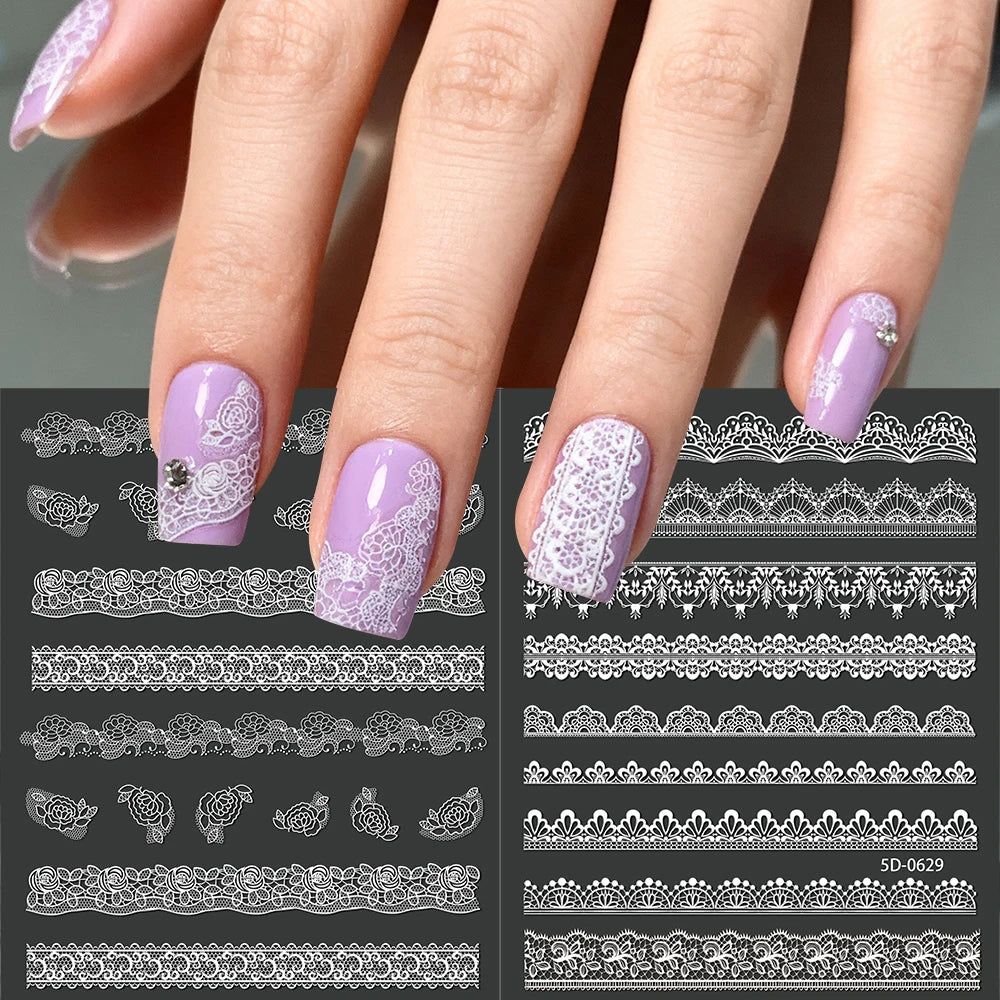 2pcs Y2K White Lace 5D Nail Art Stickers White Embossed Flowers Petals Elegant French Decals Wedding Nails Manicure Decorations*