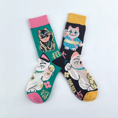 1 Pair Cartoon Lucky Cat AB Style Personalized Fashion Men's Mid-calf Socks Suit In All Seasons
