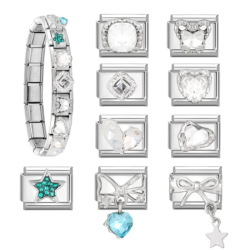 Shiny Zircon Stars Heart Bow Knot Butterfly Italian Charm Links Fit 9mm Stainless Steel Bracelet Women Jewelry DIY Making Gifts