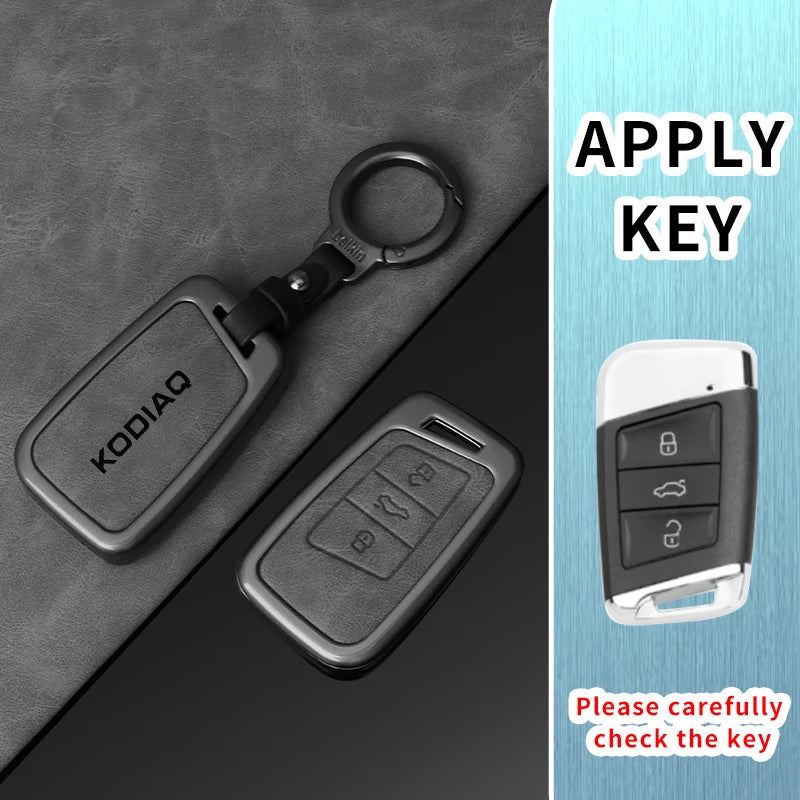 Leather Car Key Case Cover Shell Holder for Skoda Kodiaq Remote Control Key Cover Metal Housing Keyless Protector Accessories