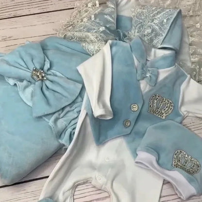 Dollbling Royal Blue Velvet Baby Romper Outfits Set Welcome Home Nursery Infant Nest Luxury Crown Receiving Blanket