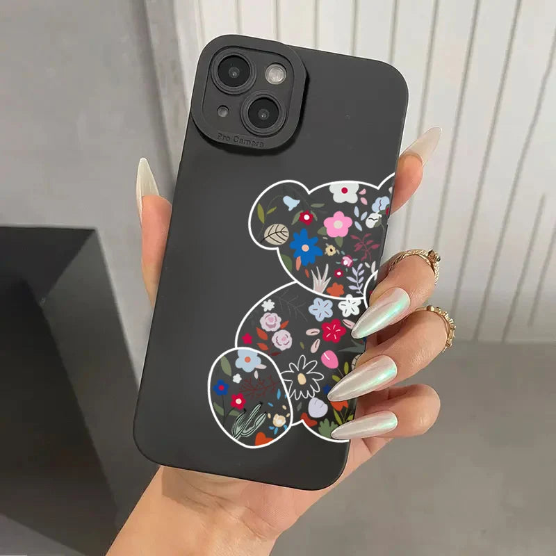 Floral Bear Painting Phone Case For iPhone 17 16 15 14 Pro Max 16E 13 12 11 16 Plus 17 Air Shockproof Soft Silicone Bumper Cover