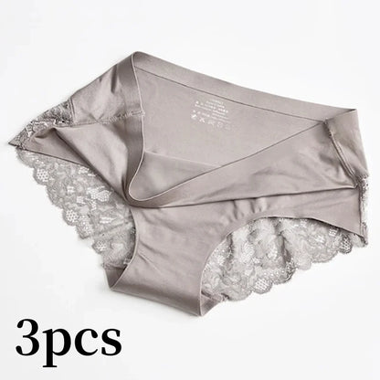 3pcs Lace Women's Panties French Seamless Underwear Female Ice Silk Briefs Solid Color Breathable Underpants Lingerie