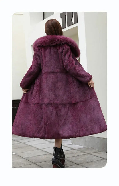 Real Rex Rabbit Fur Coat Women Autumn Winter Long Jacket Thick Warm New Fashion Fox Fur Collar Elegant Female Warm Outerwear