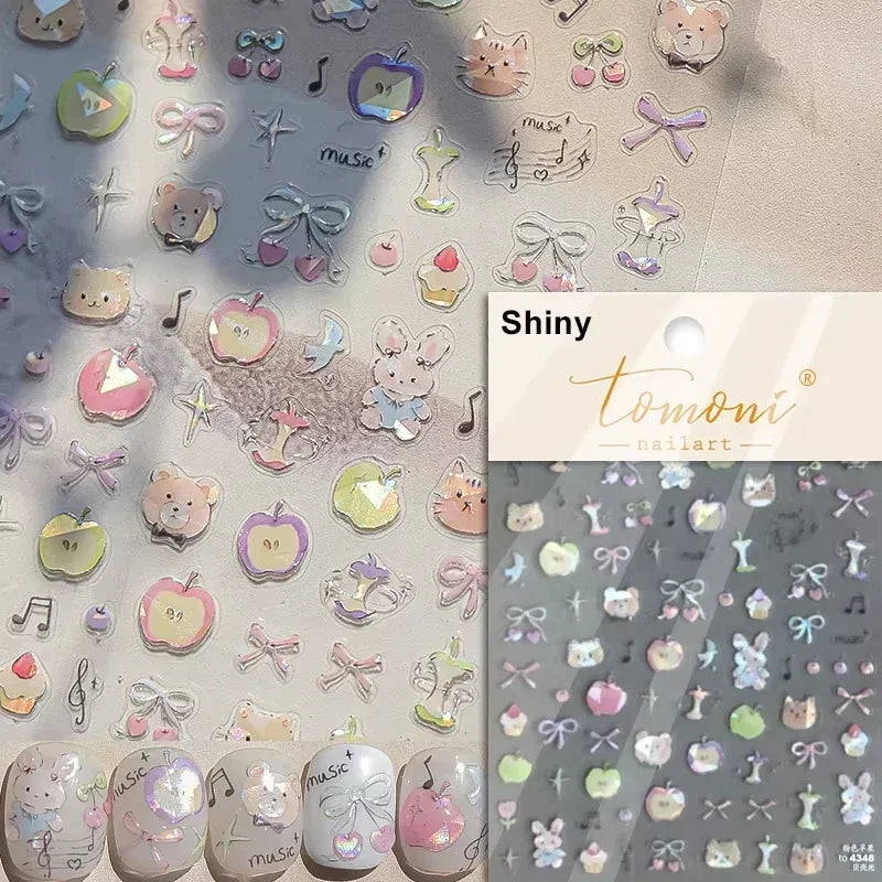 Collage Text English Letter Musical Note Star Graffiti Colorful 5D Love Heart Bowknot Nail Art Sticker Adhesive Manicure Decals