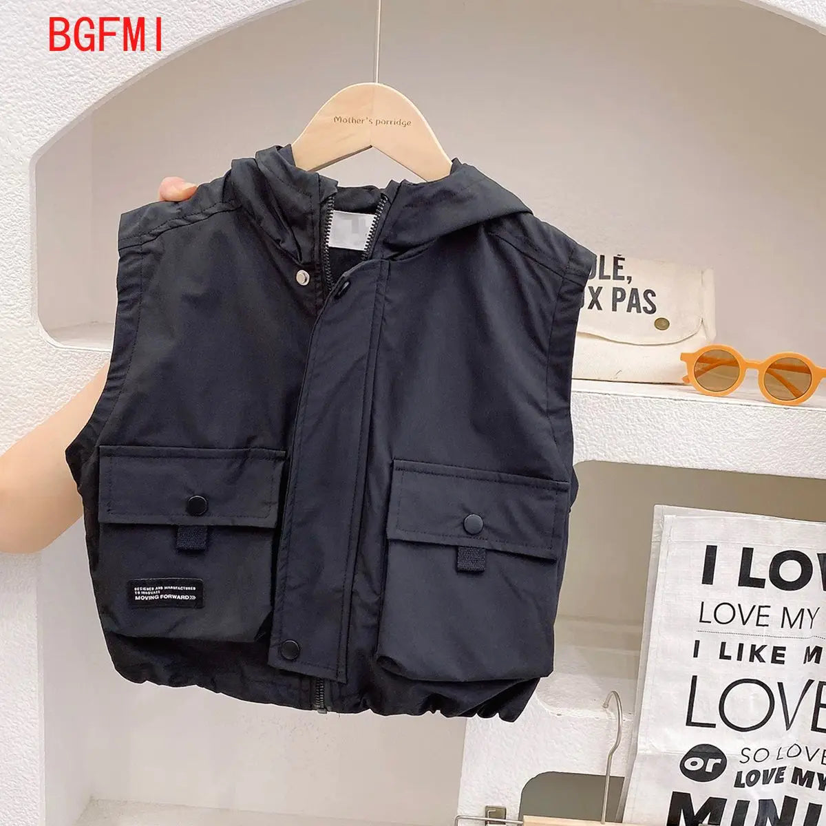 Children's Zipper Vest Spring Autumn Korean New Big Pocket Vestcost Boys Versatile Windproof Hooded Sleeveless Inner Lining Coat