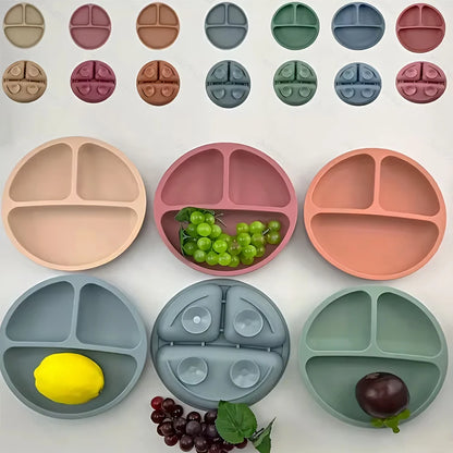 Suction Plates For Babies, Silicone With Lid Divided Design Dinner Plate