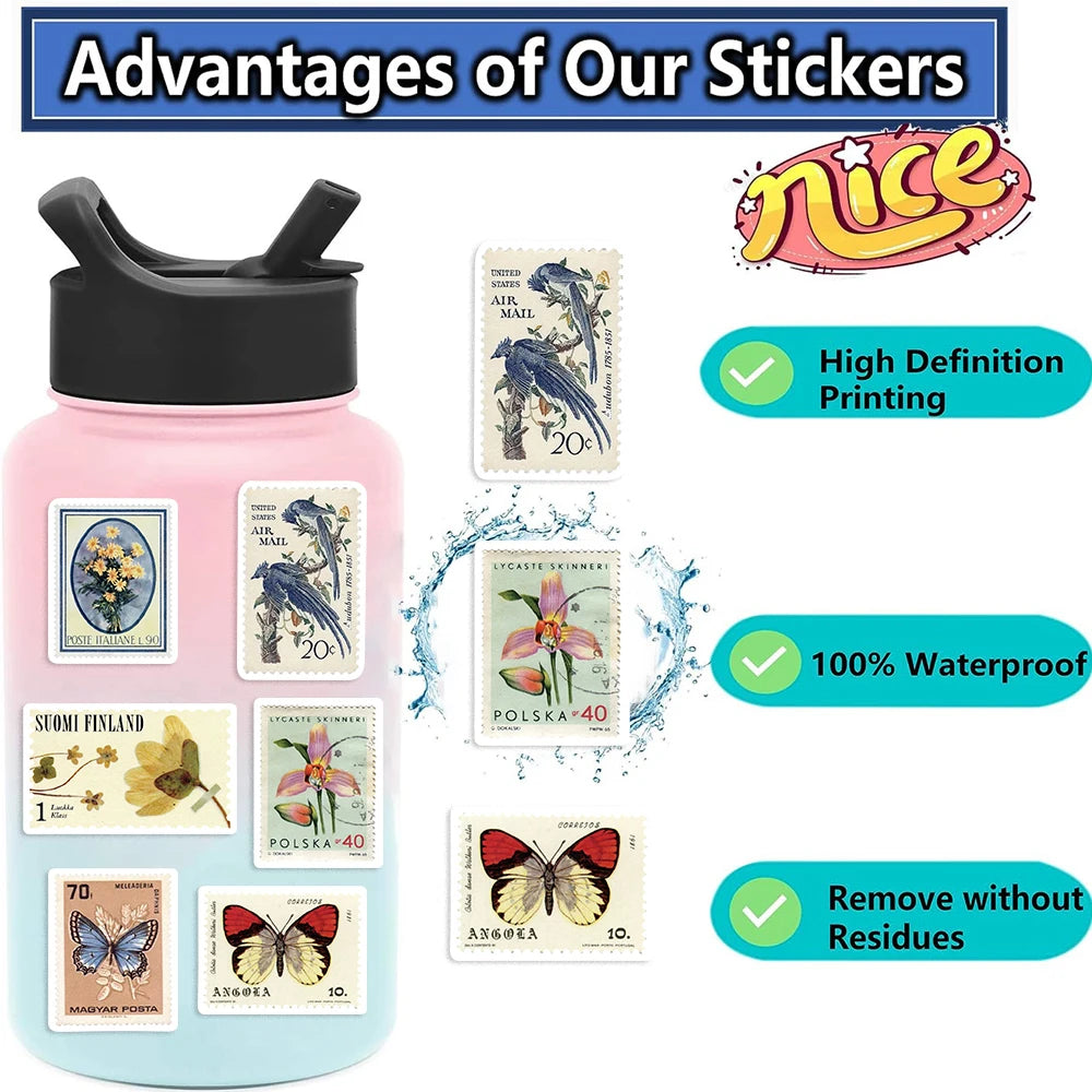 50pcs Retro Stamp Art Stickers For Laptop Luggage Skateboard Phone Sticker Kids Toys Vintage Aesthetic Cartoon Decals