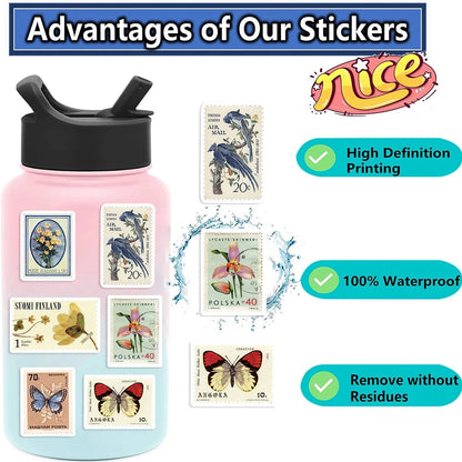 50pcs Retro Stamp Art Stickers For Laptop Luggage Skateboard Phone Sticker Kids Toys Vintage Aesthetic Cartoon Decals