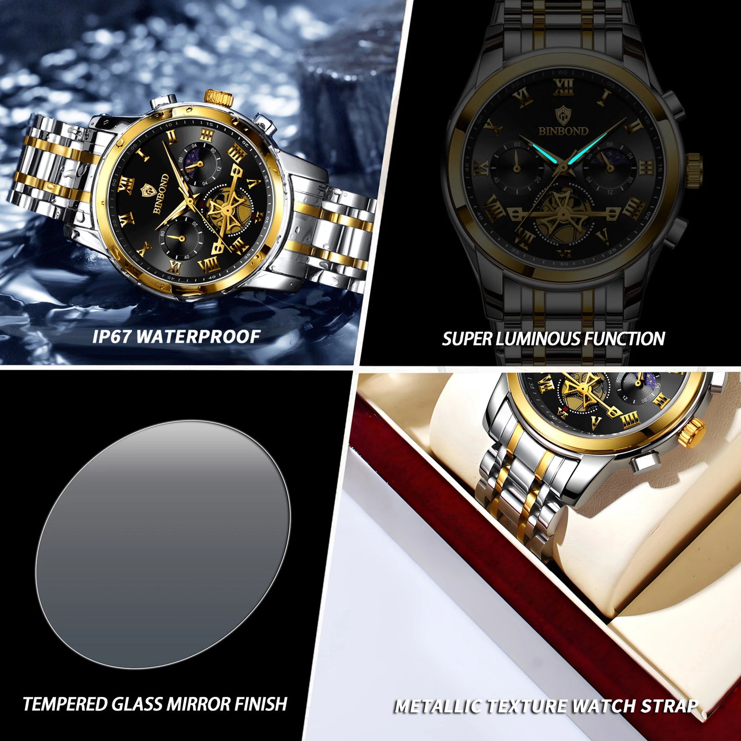 BINBOND Chronograph Men's Watches Accurate Quartz Watch For Men Luxury Luminous Waterproof StopWatch Durable Reloj