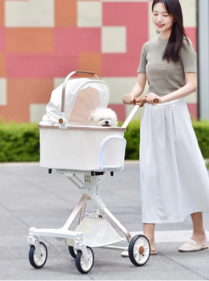 Foldable Dog Stroller Milk White PU Waterproof High Landscape Pet Stroller Outdoor Travel Pet Trolley Bearing Weight 15 KG