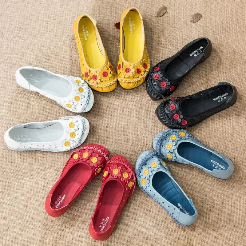 Vintage Flower Moccasins Woman Genuine Leather Ballet Flats Ladies Hollow Slip Ons Women's Luxury Loafer Purple Walking Shoes 42