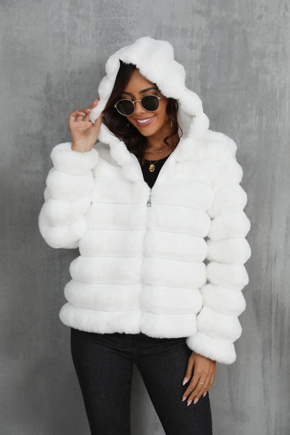 2026 Faux Fur Women Coats Hooded Full Sleeve Short Coat Zipper Thick Warm Solid Temperament Elegant Splice Autumn Winter
