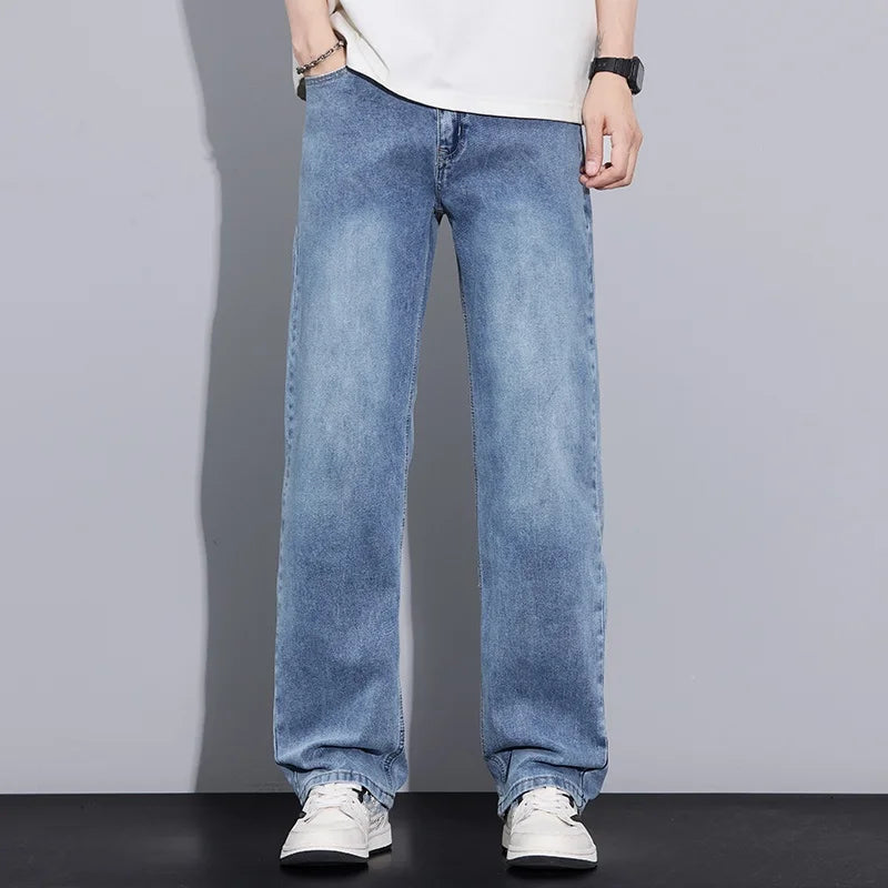 New Arrival American Vintage Wide Leg Elastic Denim Pants for Men Loose Straight Fit Flowy Versatile Casual Pants