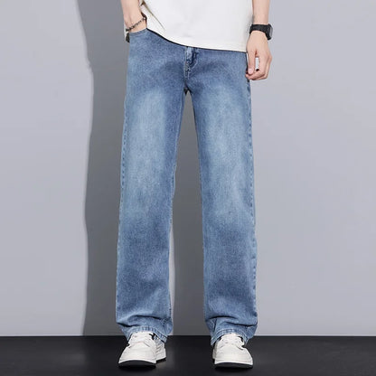 New Arrival American Vintage Wide Leg Elastic Denim Pants for Men Loose Straight Fit Flowy Versatile Casual Pants