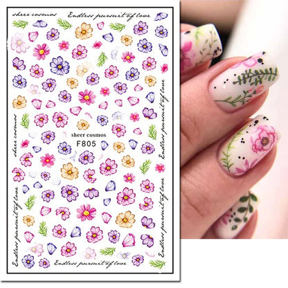 3d Nail Art Decals Watercolor Florals Purple Green Pink Flowers Leafs Fruit Adhesive Sliders Nail Stickers For Manicure