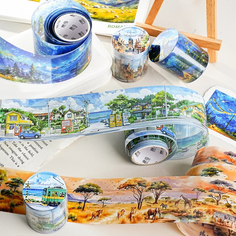 45mm * 2m Free Wind Series Retro Watercolor Landscape PET Stickers Creative Decor DIY Diary Scrapbook Collage Aesthetic Supplies