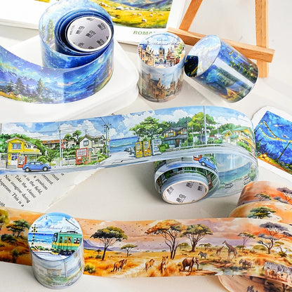 45mm * 2m Free Wind Series Retro Watercolor Landscape PET Stickers Creative Decor DIY Diary Scrapbook Collage Aesthetic Supplies