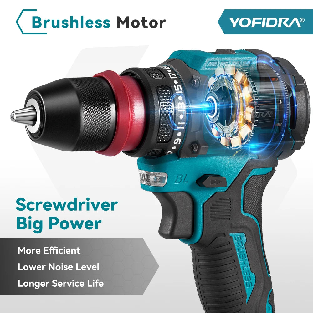 YOFIDRA 2 In 1 Brushless Electric Screwdriver Handheld Hexagonal Drill Screw Driver Home Power Tool Set For Makita Battery Pin