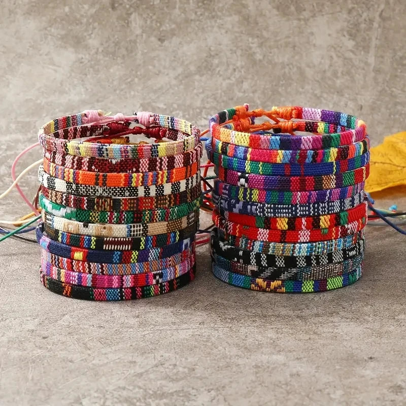 24pcs Bohemian 2 Style Woven Bracelets Set, Random Colorful Cloth Art Friendship Surf Bracelet For Men Women