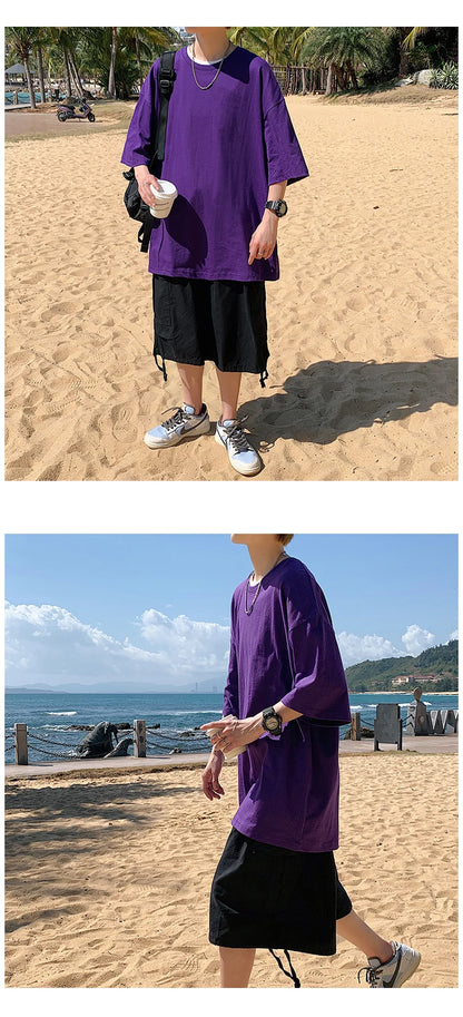 Oversized Summer Short Sleeve Men's T Shirt New Fashion Solid Loose O-Neck T Shirts Mens Cotton Hip Hop Streetwear Top Tees 5XL