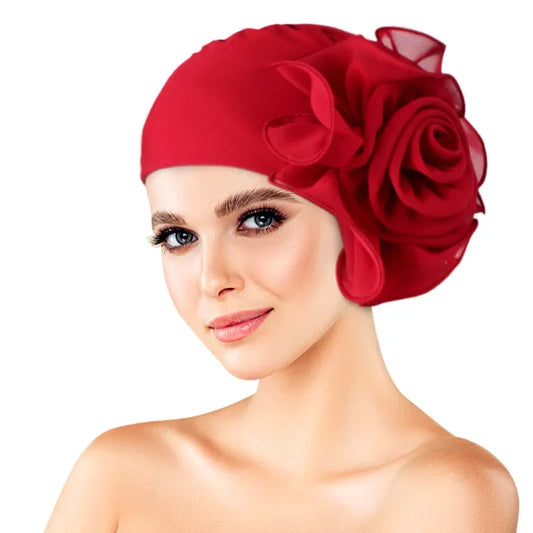 Fashion Women Big Flower Turban Hat Solid Color Elastic Cloth Head Cap Muslim Head Wraps Caps Lady Bandana Hair Accessories