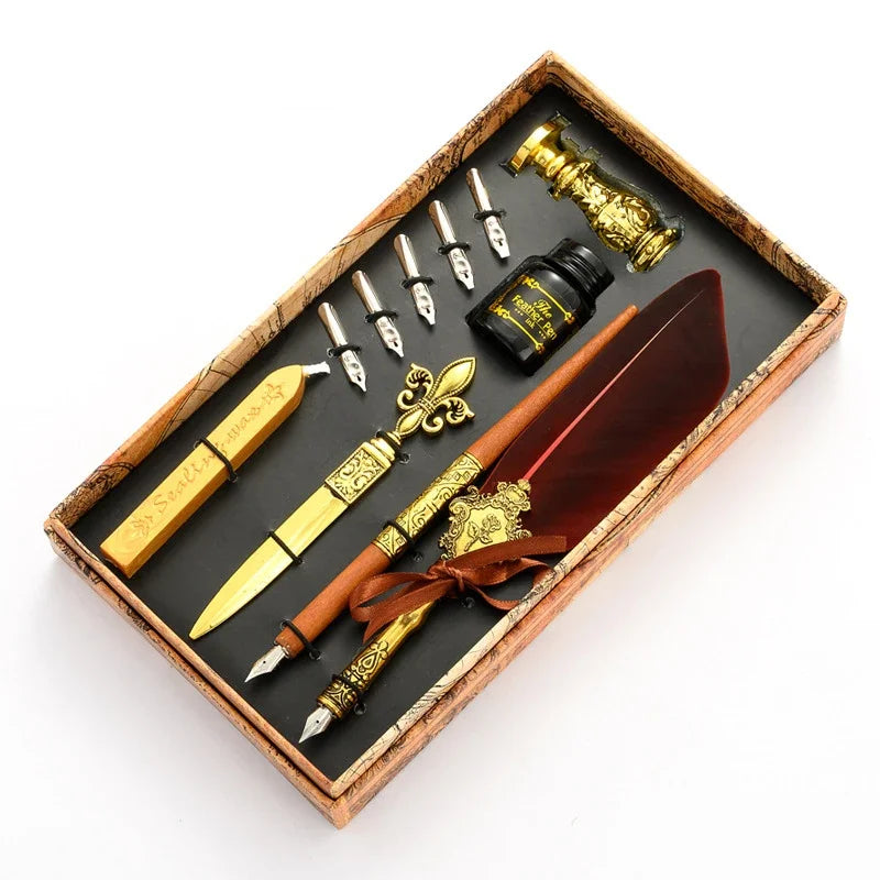 Sprinkling Gold Vintage Feather Pen Set Luxury Fountain Pen Ink Bottle Calligraphy Writing Dip Pen Nib Quill Birthday Gift Box