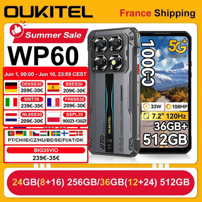 OUKITEL Rugged Phone WP60 5G 24GB(8+16) 256GB / 36GB(12+24) 512GB 7.2” HD+ 120Hz Smartphone 10000mAh 108MP Android 15 NFC