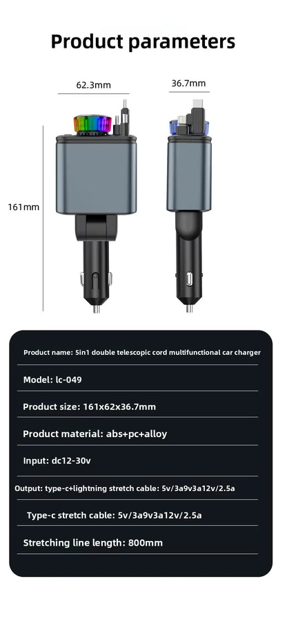 120W 5-in-1 Car Fast Charger Retractable Cable PD 30W Digital Voltmeter Star Light Car Charging Adapter For IOS Android