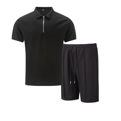 2026 Men Europe and the United States new summer Waffle solid color zip-up lapel short-sleeve suit shorts two sets