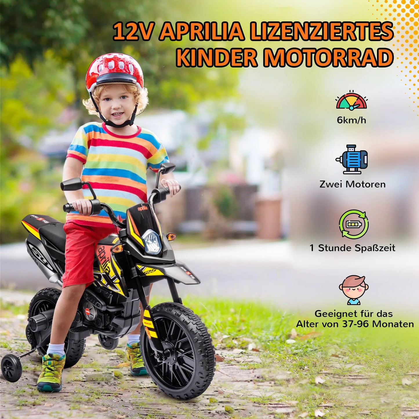 12V children's motorbike with training wheels, LED light, music, USB, electric motorcycle, yellow, toy motorbike, electric pushchair, riding motorbike