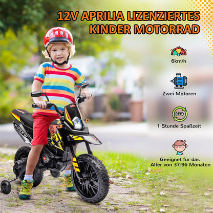 12V children's motorbike with training wheels, LED light, music, USB, electric motorcycle, yellow, toy motorbike, electric pushchair, riding motorbike