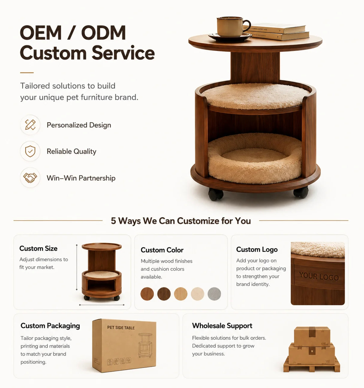 Wooden Pet Side Table Bed Combo with Removable Plush Cushion Smooth Rolling Casters for Cats Small Dogs Home Furniture