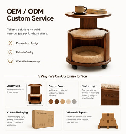 Wooden Pet Side Table Bed Combo with Removable Plush Cushion Smooth Rolling Casters for Cats Small Dogs Home Furniture